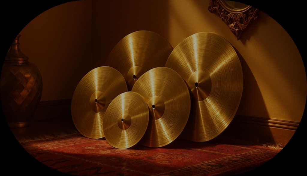 Handmade Mezop cymbals on stands in a warm workshop